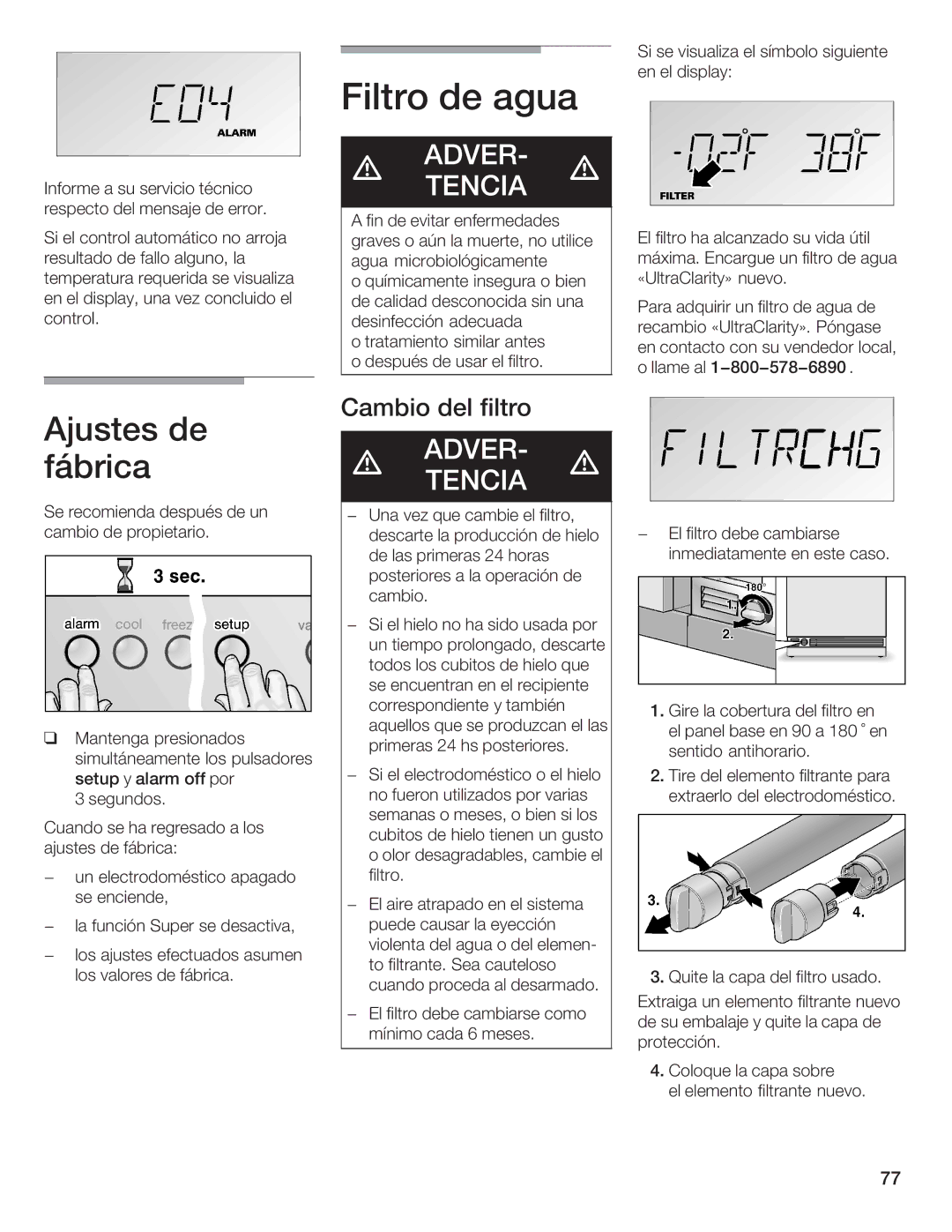 Bosch Appliances B36IB manual Filtro Agua, Cambio del filtro 