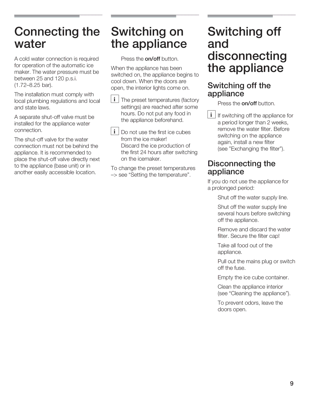 Bosch Appliances B36IB manual Connecting Switching Off Water Appliance, Disconnecting 