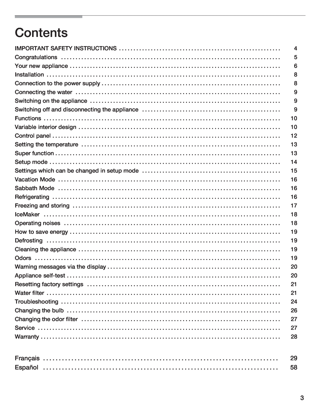Bosch Appliances B36IB manual Contents, Français, Español 