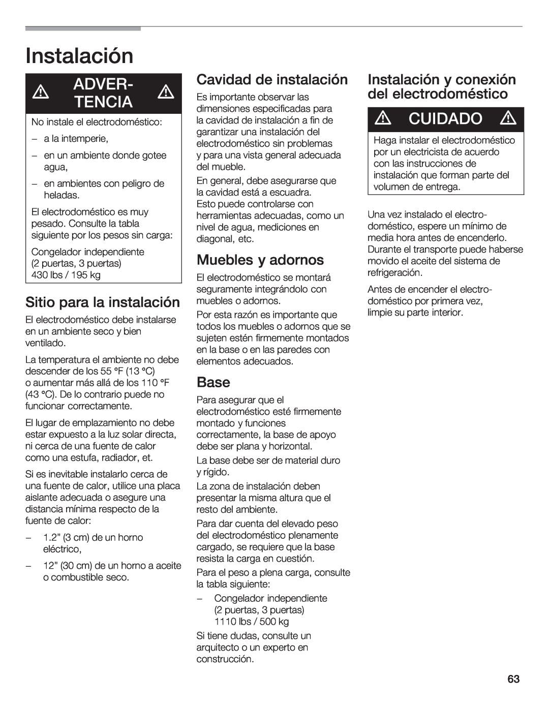 Bosch Appliances B36IB manual Adver, d CUIDADO, Tencia 