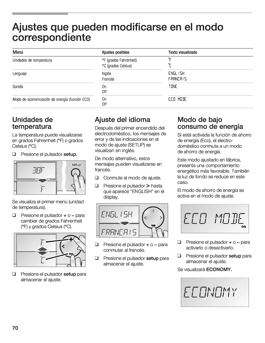Bosch Appliances B36IB manual Unidades, Ajuste, idioma, temperatura, Modo de bajo consumo de energía 