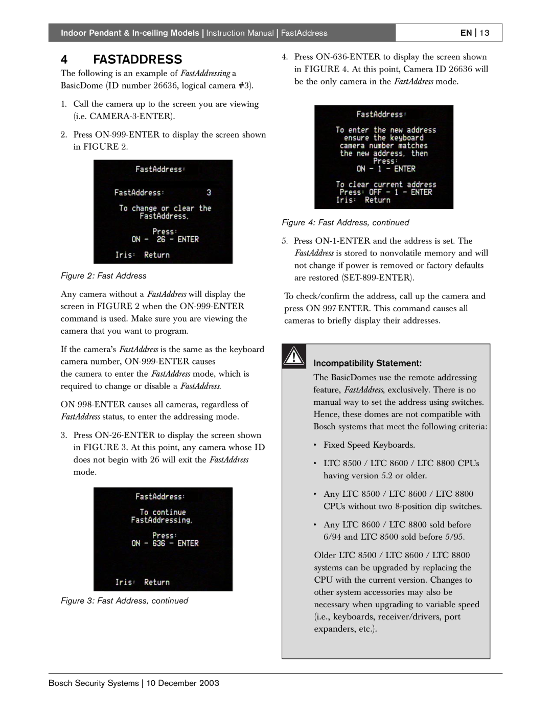 Bosch Appliances BasicDome Series instruction manual Fastaddress, Fast Address 