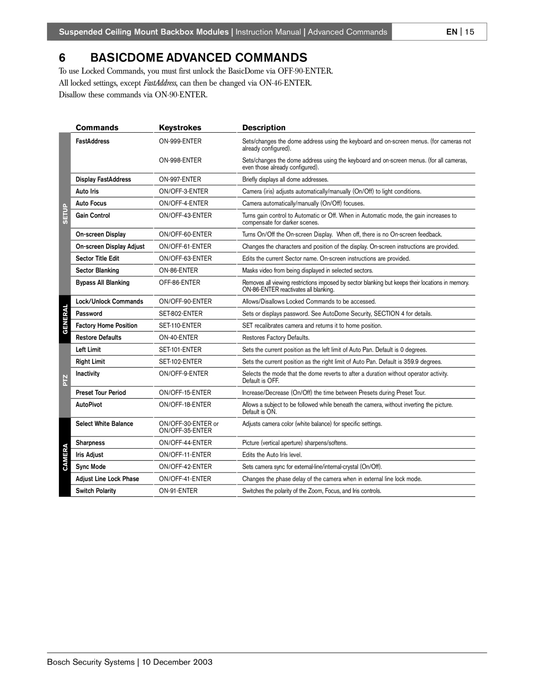 Bosch Appliances BasicDome Series instruction manual Basicdome Advanced Commands, Keystrokes, Description 