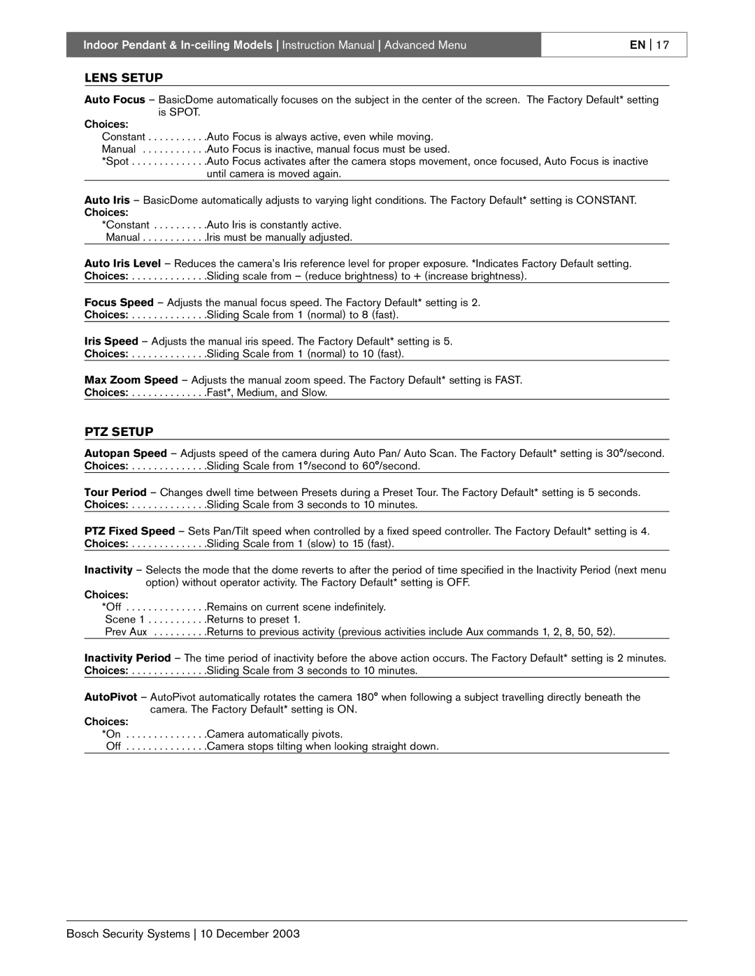 Bosch Appliances BasicDome Series instruction manual Lens Setup 