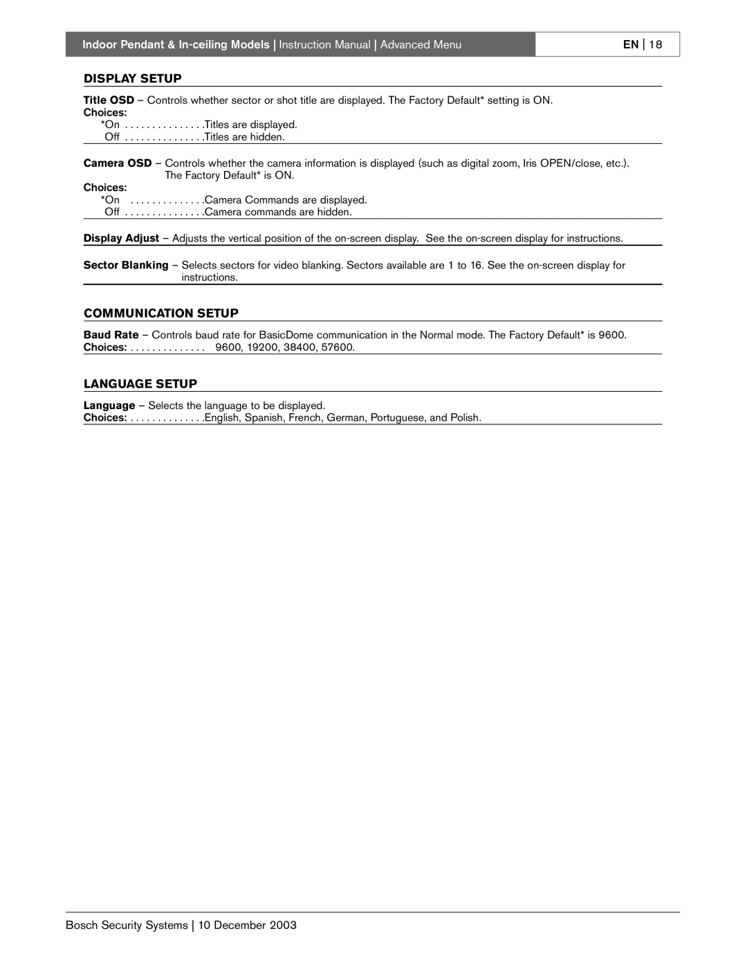 Bosch Appliances BasicDome Series instruction manual Display Setup 