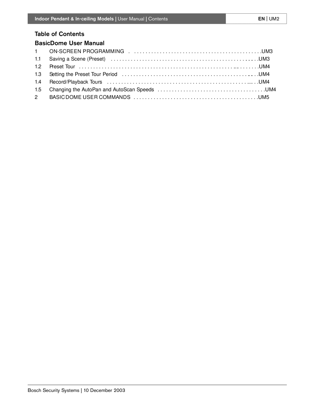 Bosch Appliances BasicDome Series instruction manual Table of Contents 