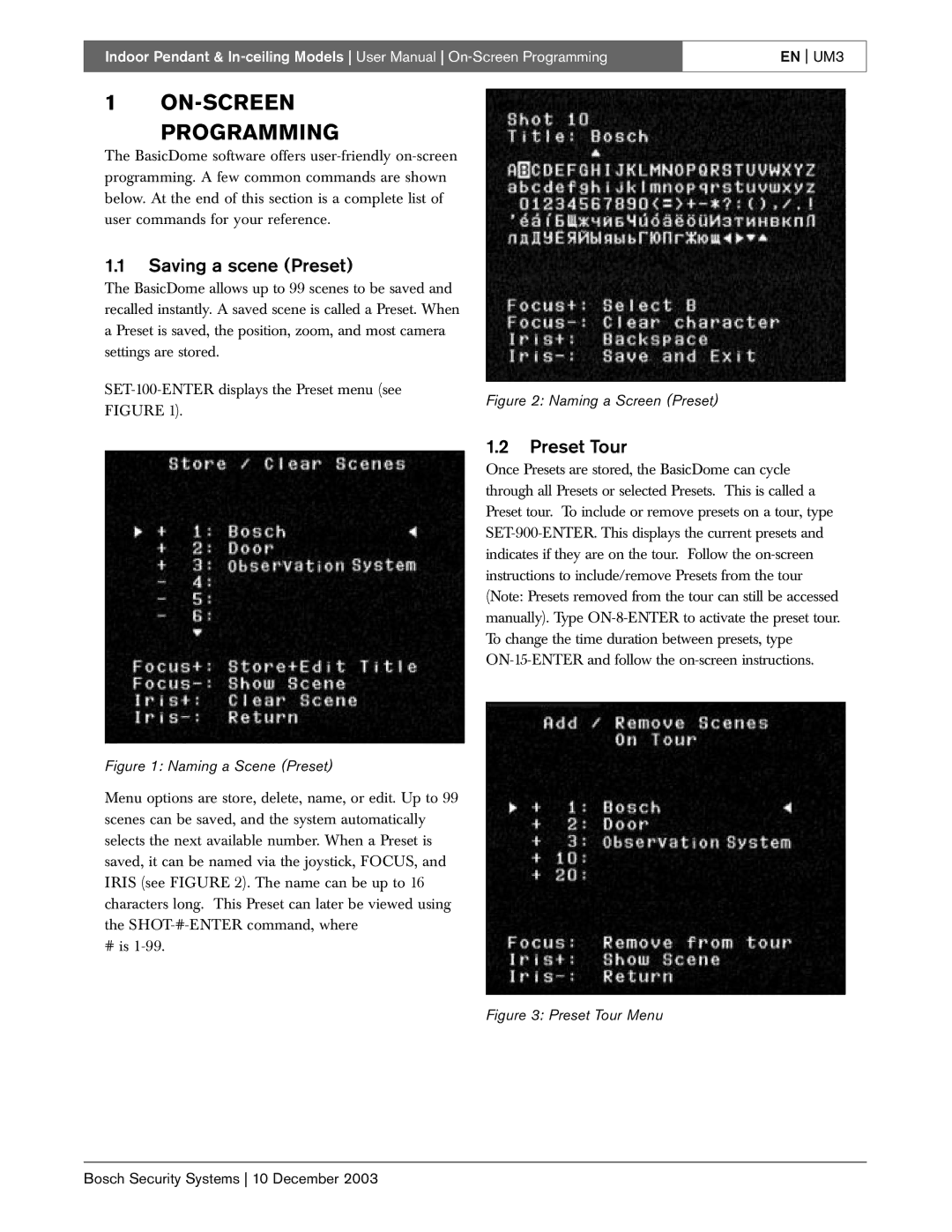 Bosch Appliances BasicDome Series instruction manual Saving a scene Preset, Preset Tour 