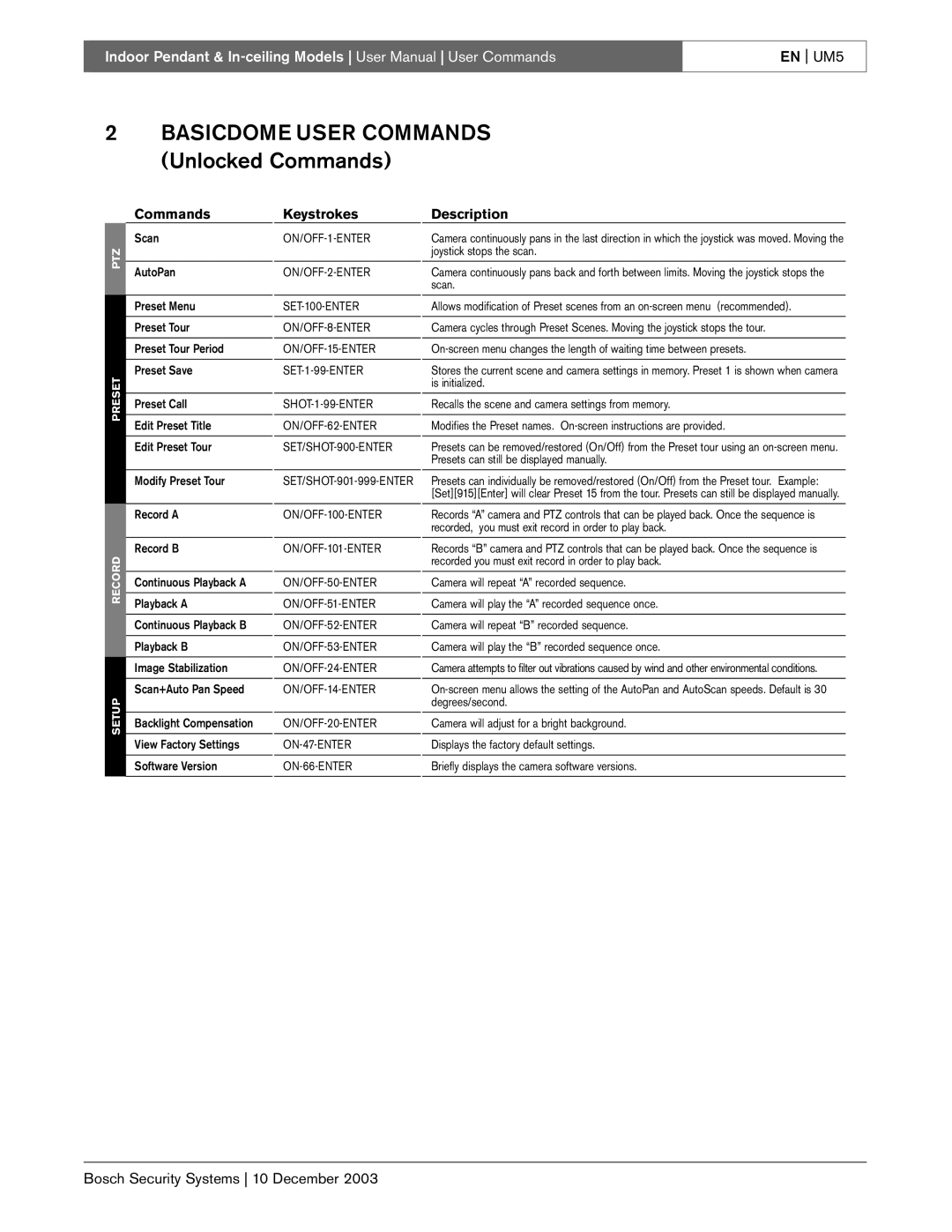 Bosch Appliances BasicDome Series instruction manual Basicdome User Commands Unlocked Commands 