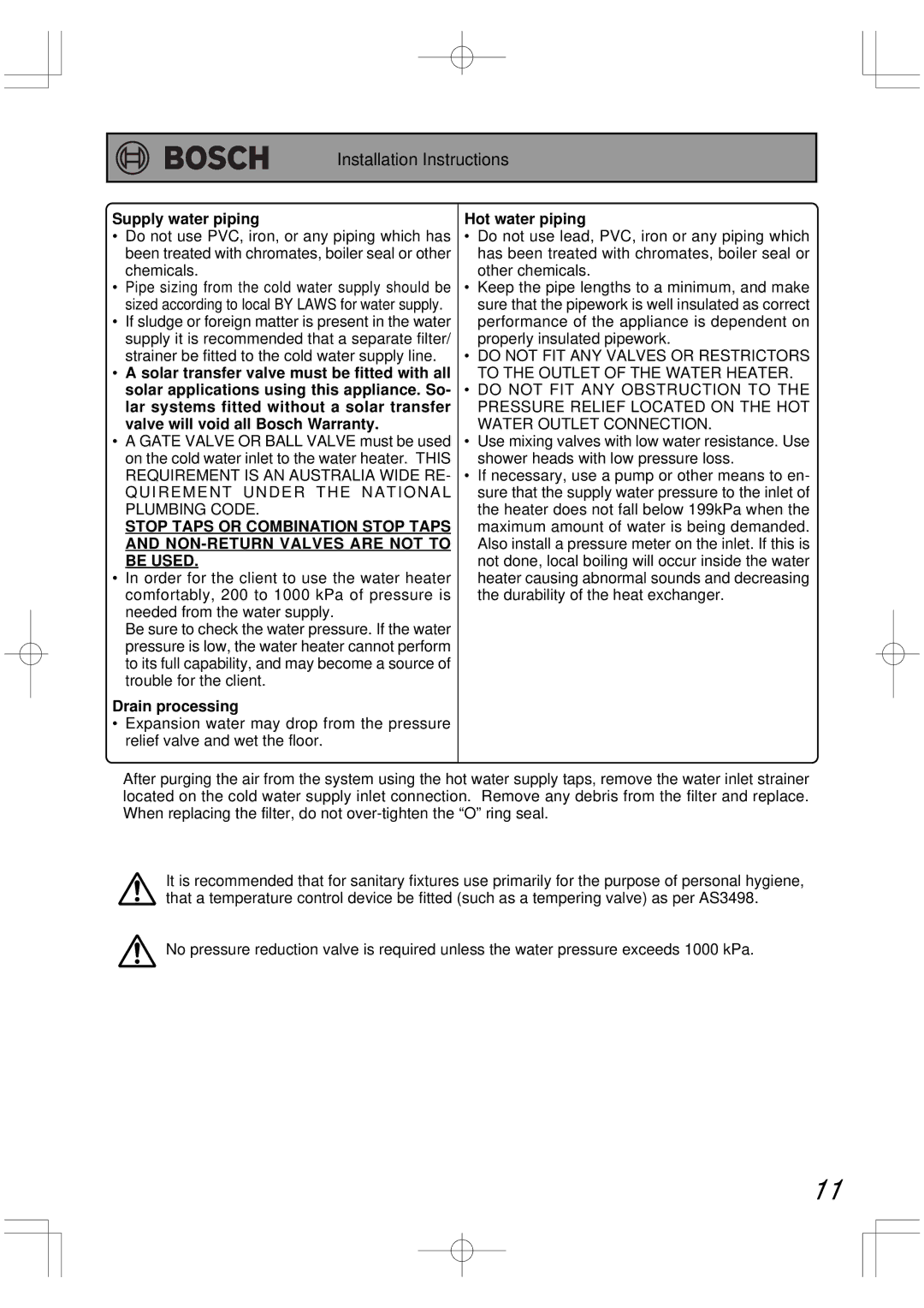 Bosch Appliances BC2600RA installation manual Supply water piping, Drain processing, Hot water piping 