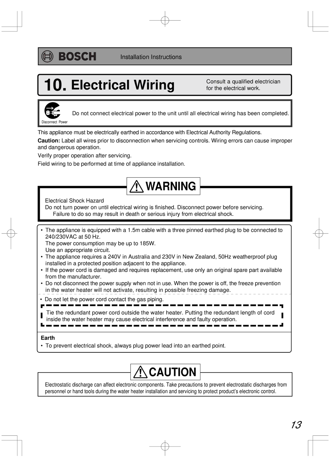 Bosch Appliances BC2600RA installation manual Electrical Wiring, Earth 