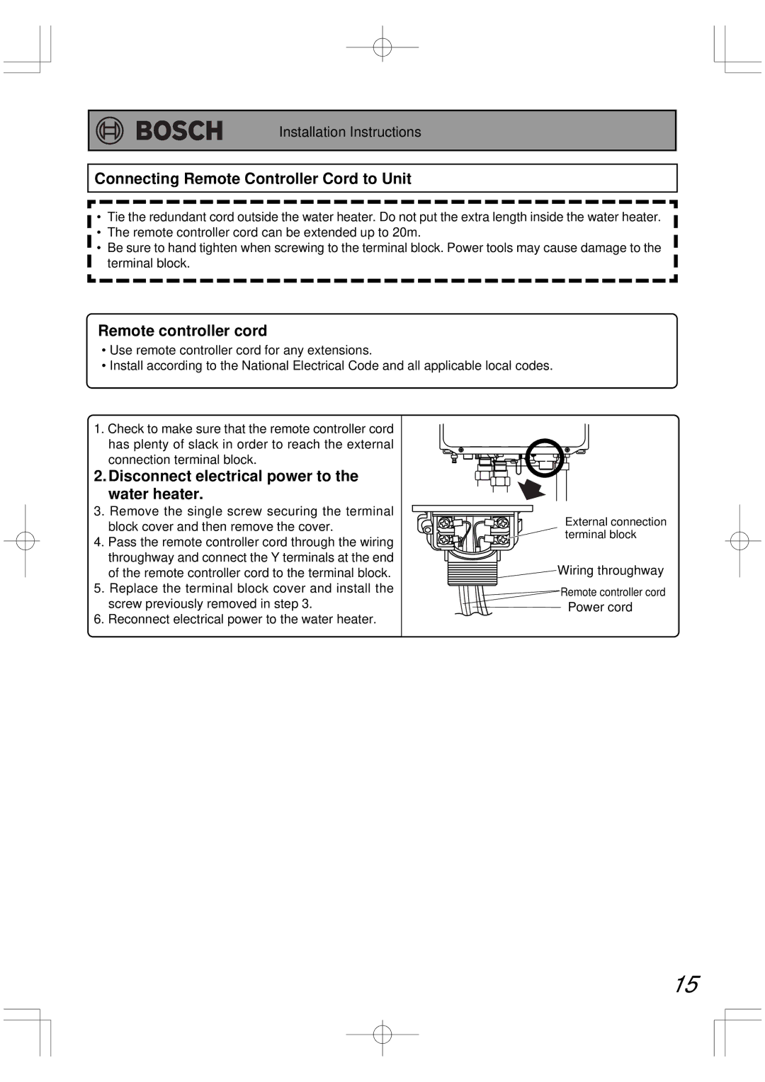 Bosch Appliances BC2600RA installation manual Connecting Remote Controller Cord to Unit 