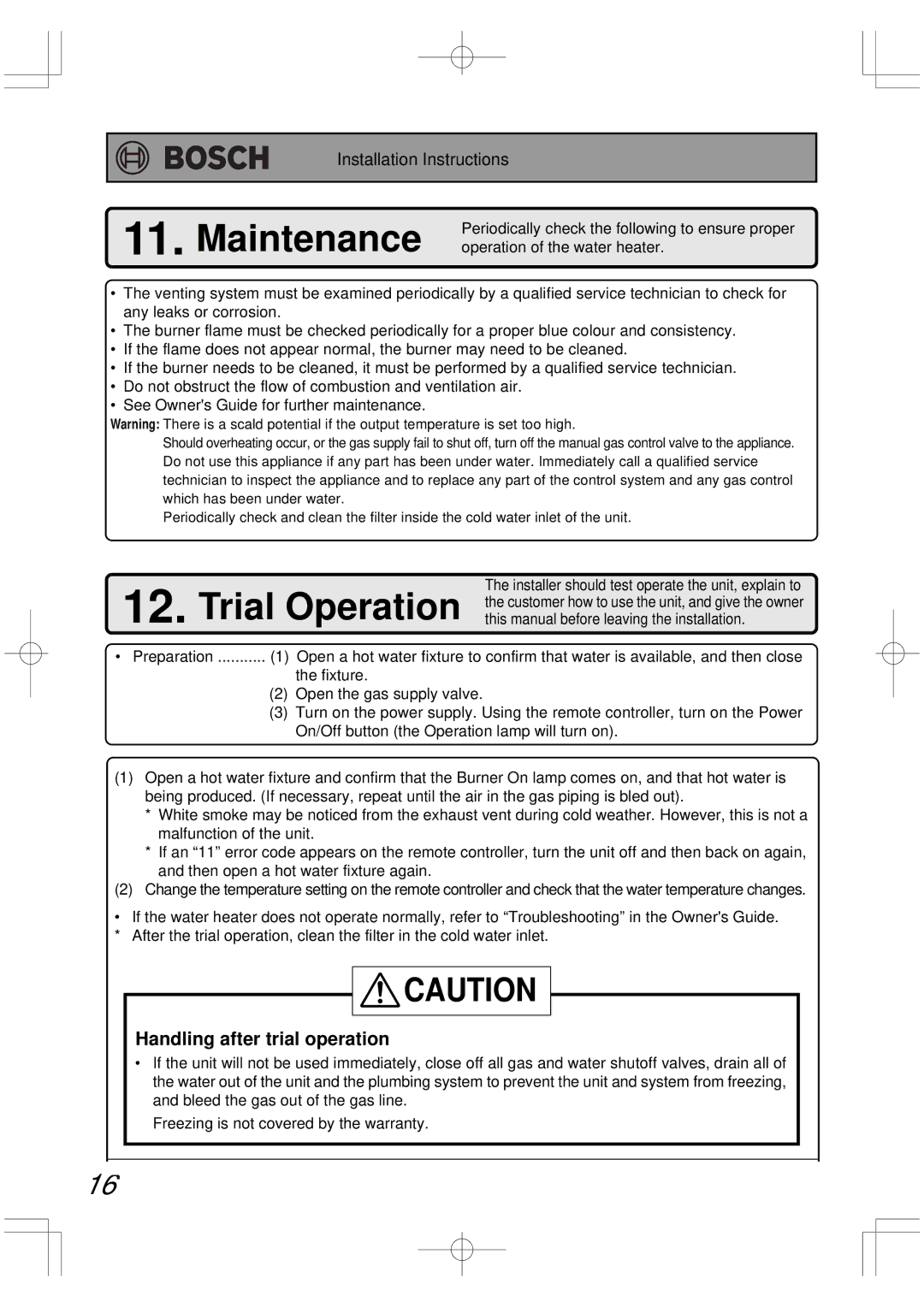 Bosch Appliances BC2600RA installation manual Maintenance, Handling after trial operation 