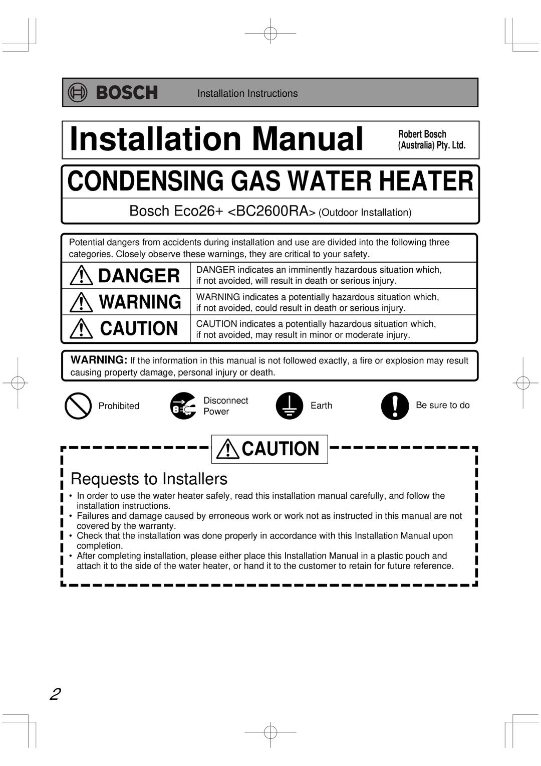 Bosch Appliances BC2600RA installation manual Installation Manual 