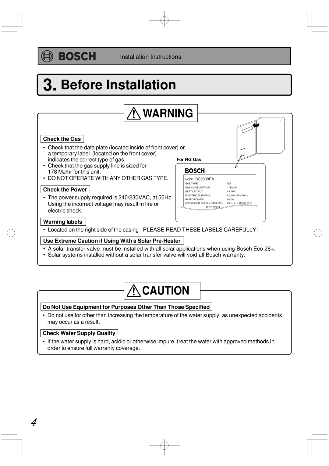 Bosch Appliances BC2600RA Before Installation, Check the Gas, Use Extreme Caution if Using With a Solar Pre-Heater 