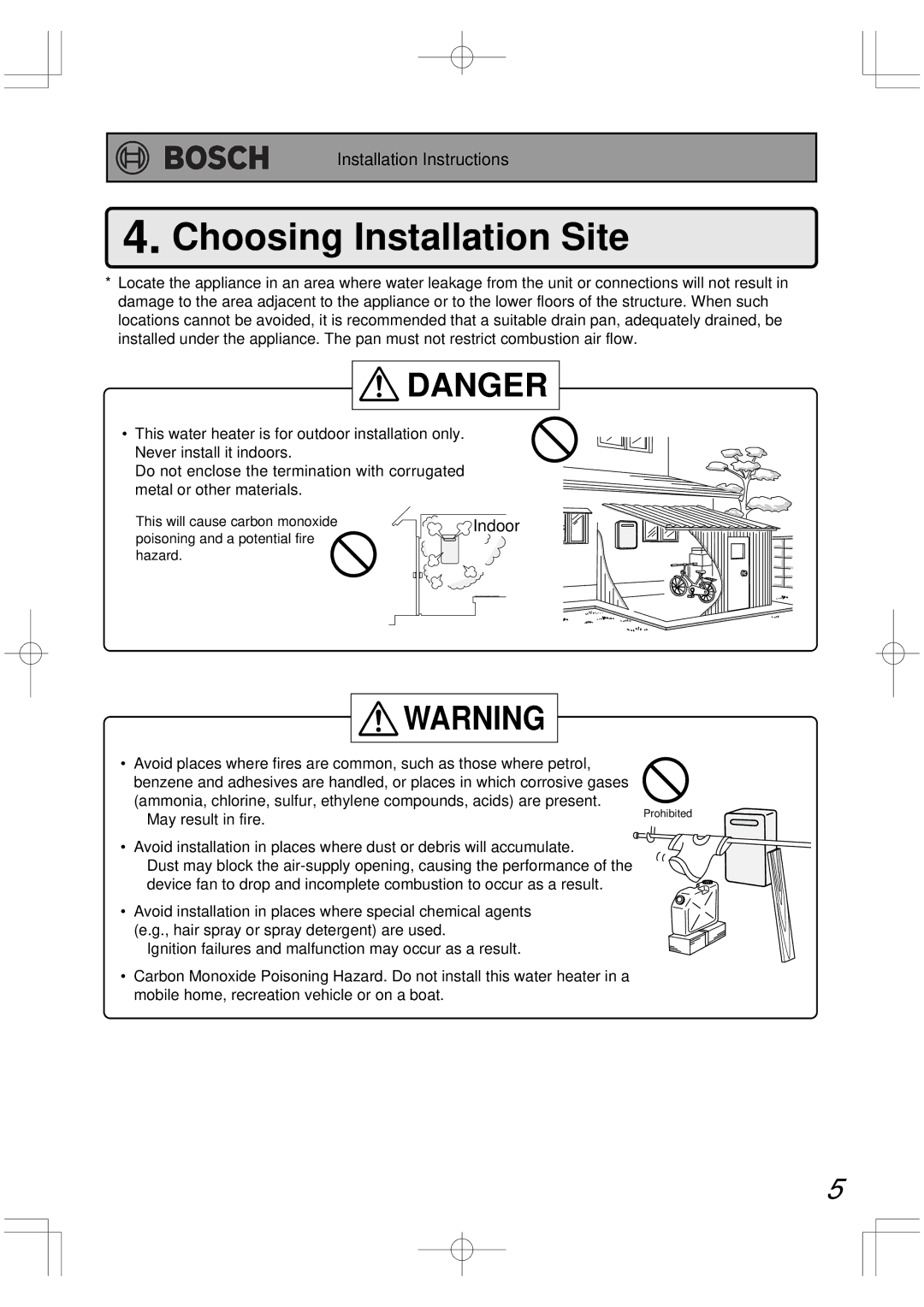 Bosch Appliances BC2600RA installation manual Choosing Installation Site, Indoor 