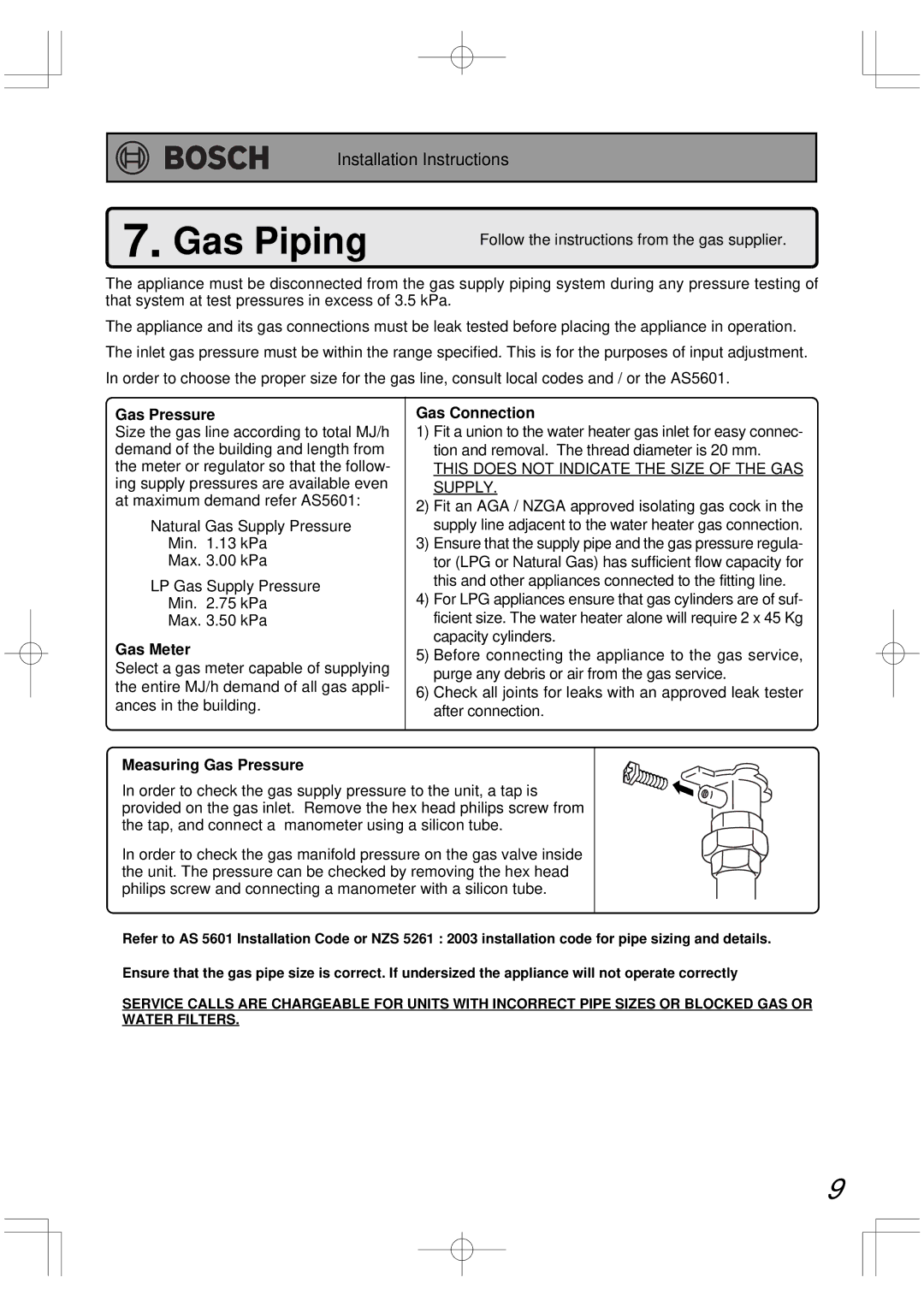 Bosch Appliances BC2600RA installation manual Gas Piping, Gas Meter, Measuring Gas Pressure Gas Connection 