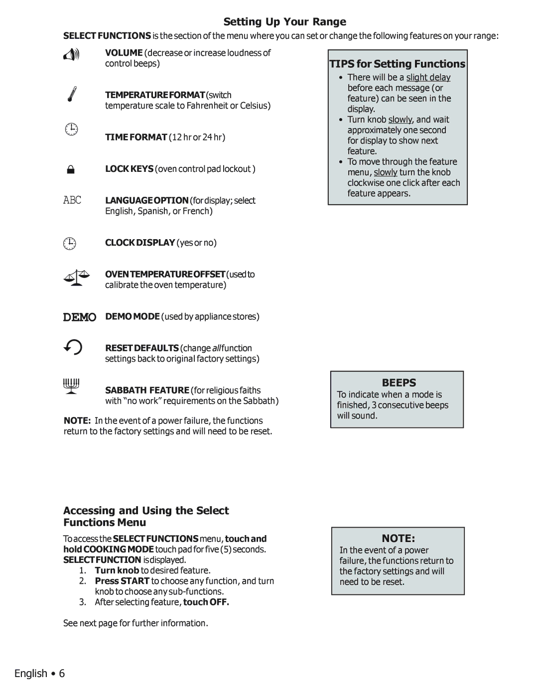 Bosch Appliances BOSCH GAS FREE-STANDING CONVECTION RANGE manual Accessing and Using the Select Functions Menu, Beeps 