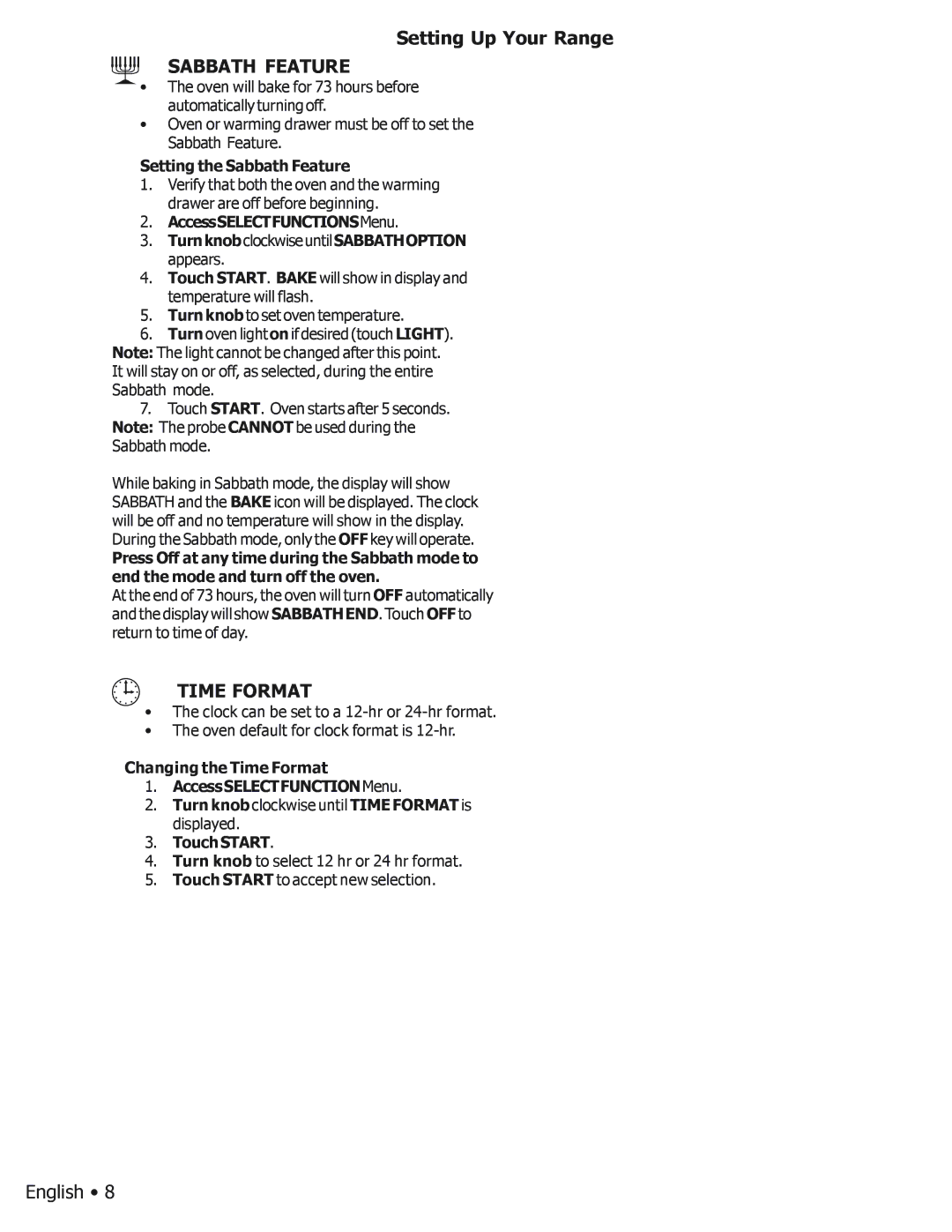 Bosch Appliances BOSCH GAS FREE-STANDING CONVECTION RANGE manual Time Format, Setting the Sabbath Feature 