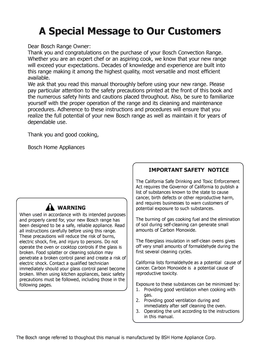 Bosch Appliances BOSCH GAS FREE-STANDING CONVECTION RANGE manual Special Message to Our Customers, Important Safety Notice 