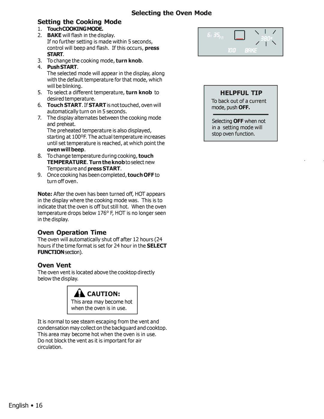 Bosch Appliances BOSCH GAS FREE-STANDING CONVECTION RANGE Selecting the Oven Mode Setting the Cooking Mode, Oven Vent 