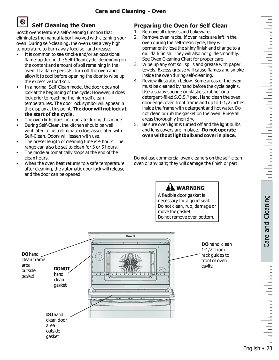 Bosch Appliances BOSCH GAS FREE-STANDING CONVECTION RANGE manual Care and Cleaning Oven Self Cleaning the Oven 