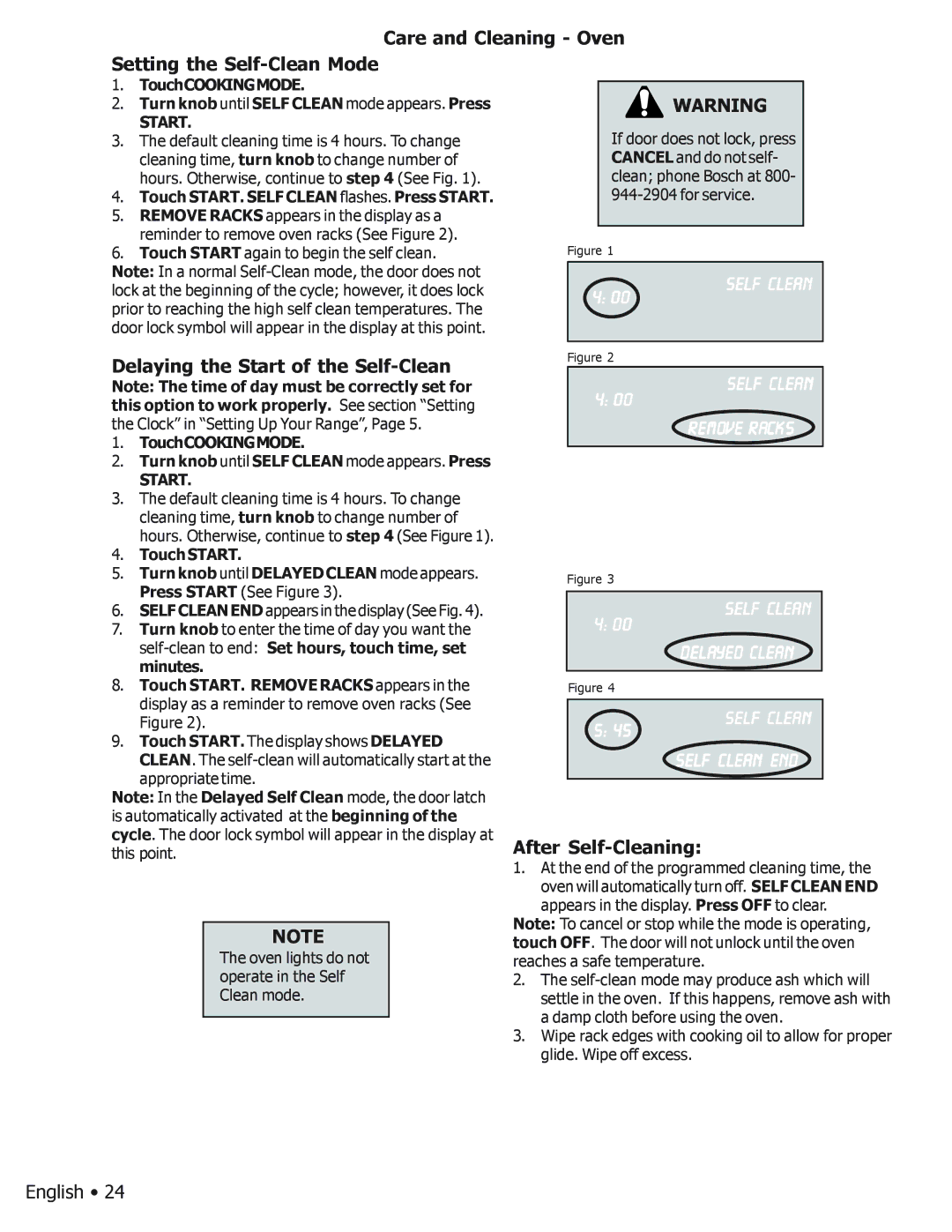 Bosch Appliances BOSCH GAS FREE-STANDING CONVECTION RANGE manual Care and Cleaning Oven Setting the Self-Clean Mode 