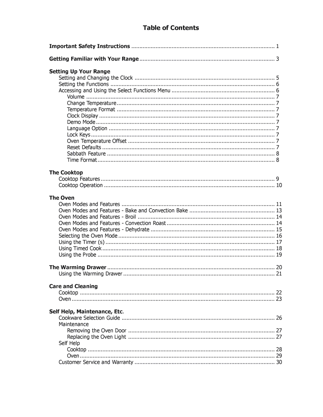 Bosch Appliances BOSCH GAS FREE-STANDING CONVECTION RANGE manual Table of Contents 