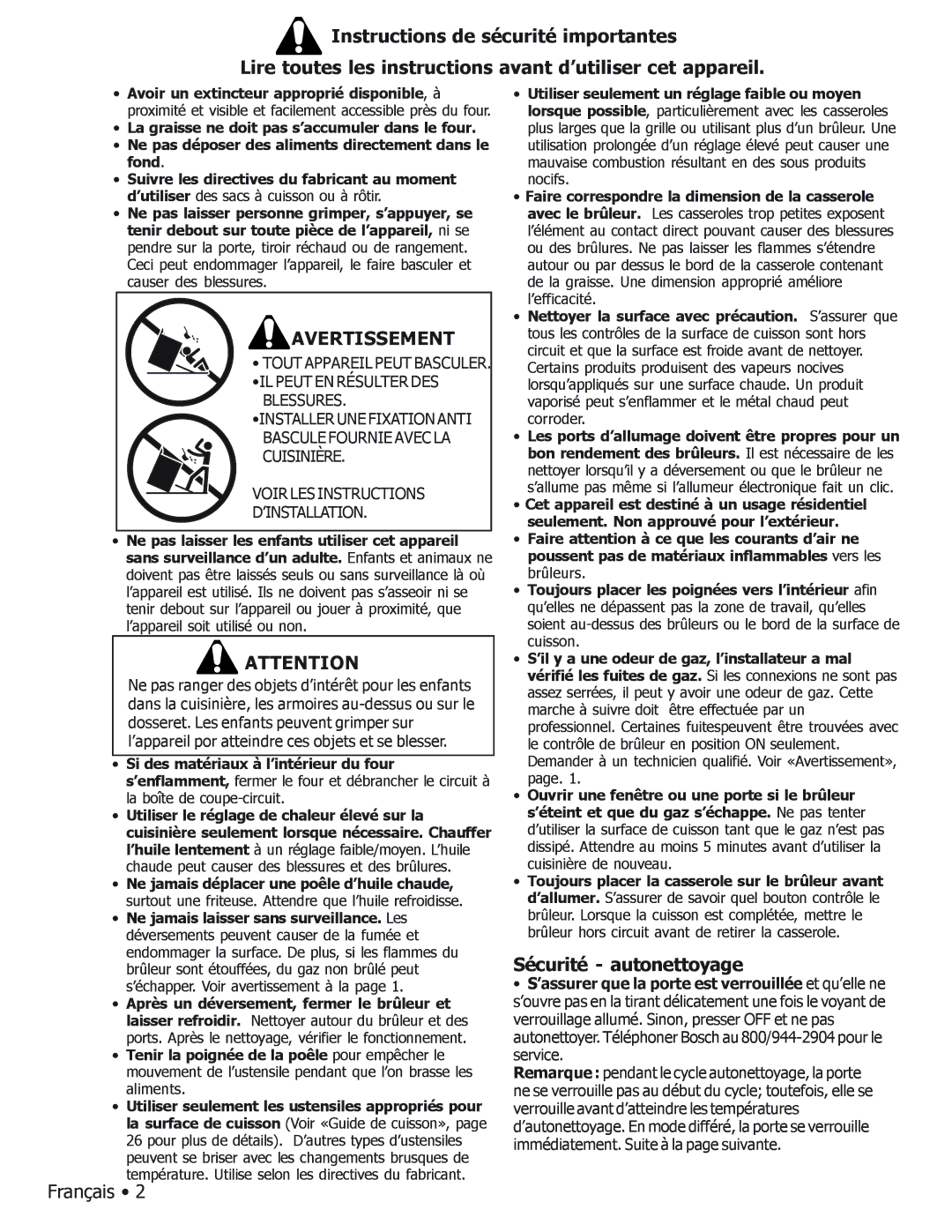 Bosch Appliances BOSCH GAS FREE-STANDING CONVECTION RANGE manual Français, Sécurité autonettoyage 