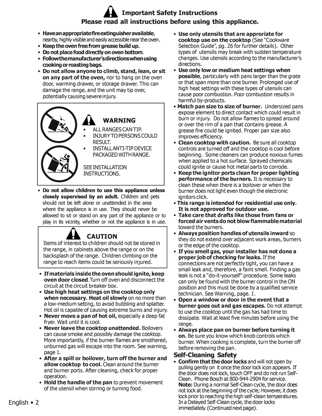 Bosch Appliances BOSCH GAS FREE-STANDING CONVECTION RANGE manual Self-Cleaning Safety 