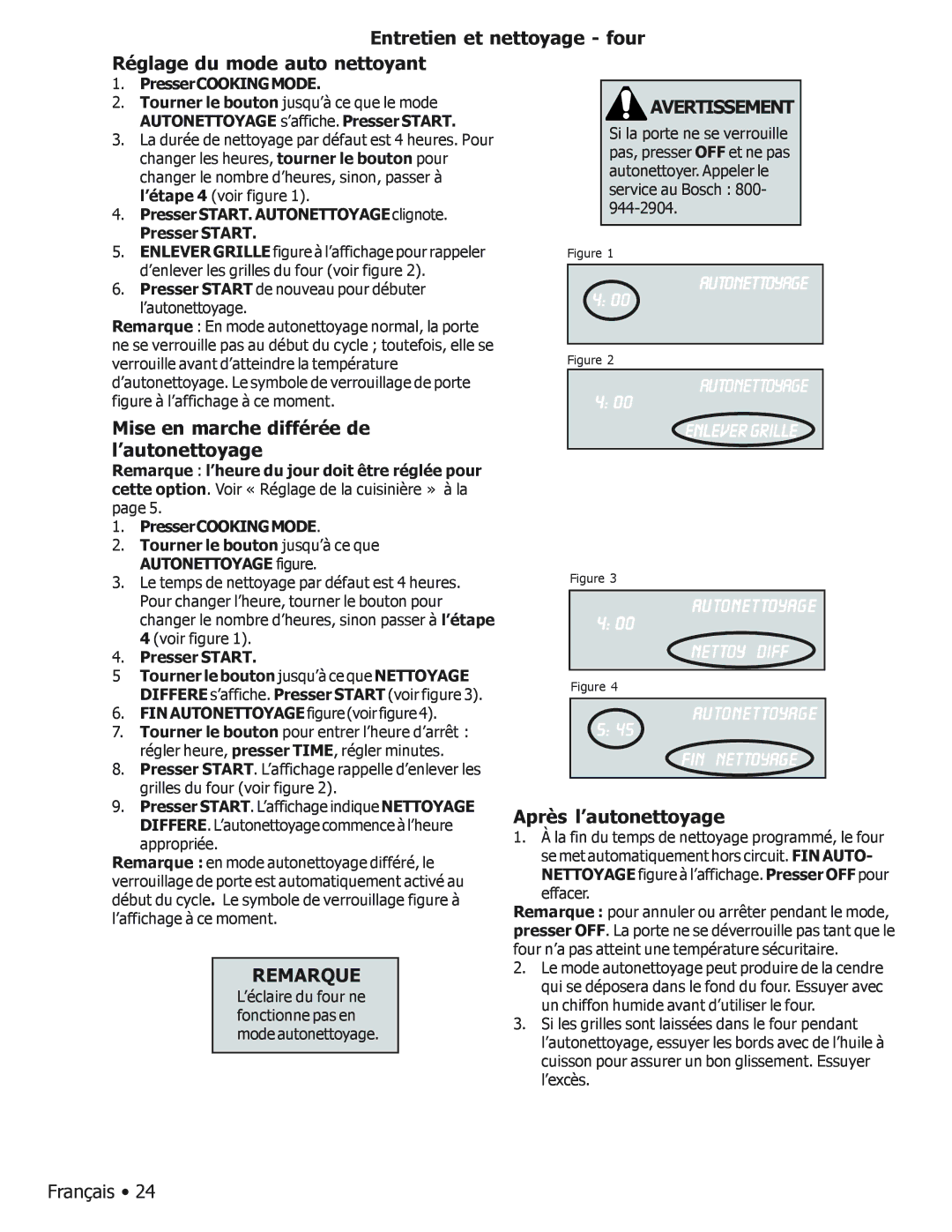 Bosch Appliances BOSCH GAS FREE-STANDING CONVECTION RANGE manual Entretien et nettoyage four Réglage du mode auto nettoyant 