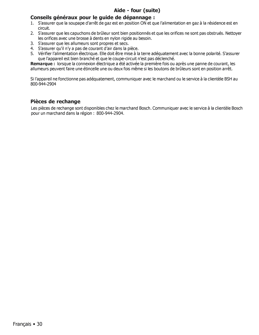 Bosch Appliances BOSCH GAS FREE-STANDING CONVECTION RANGE Aide four suite Conseils généraux pour le guide de dépannage 