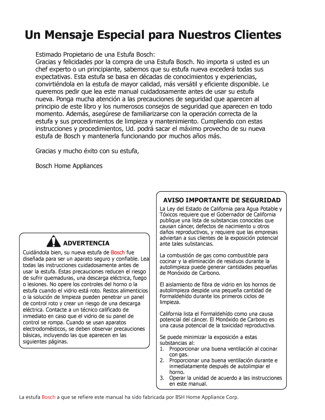 Bosch Appliances BOSCH GAS FREE-STANDING CONVECTION RANGE manual Advertencia, Aviso Importante DE Seguridad 