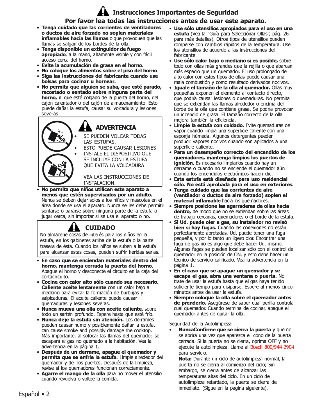 Bosch Appliances BOSCH GAS FREE-STANDING CONVECTION RANGE manual Cuidado, Seguridad de la Autolimpieza 