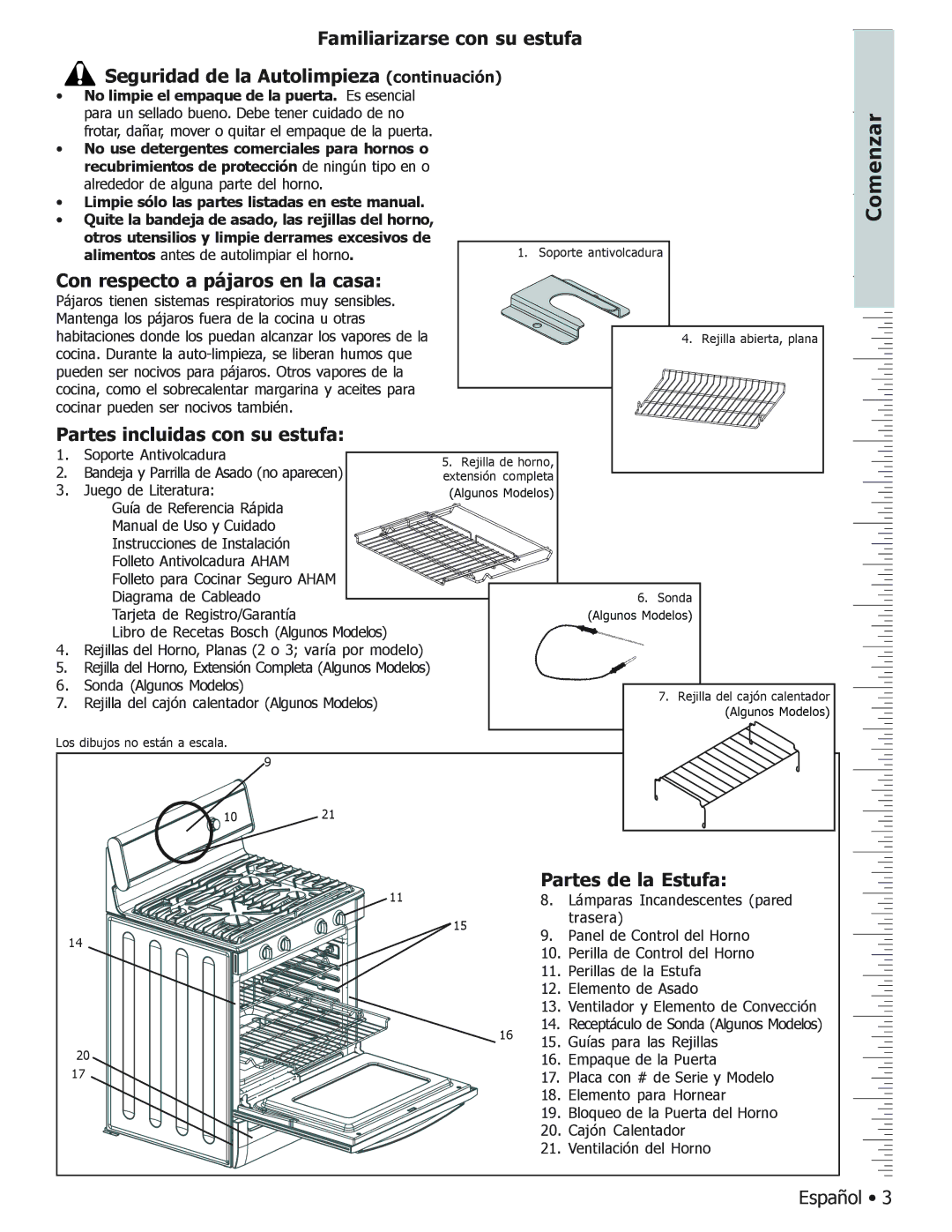 Bosch Appliances BOSCH GAS FREE-STANDING CONVECTION RANGE manual Con respecto a pájaros en la casa, Partes de la Estufa 