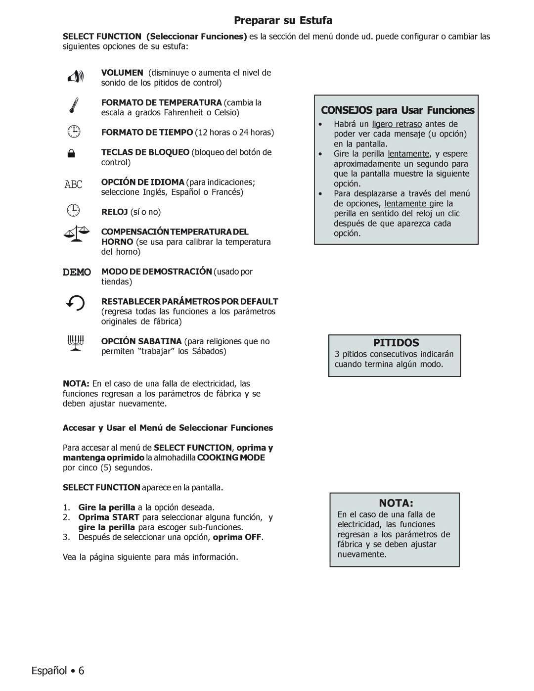 Bosch Appliances BOSCH GAS FREE-STANDING CONVECTION RANGE manual Consejos para Usar Funciones, Pitidos, Nota 