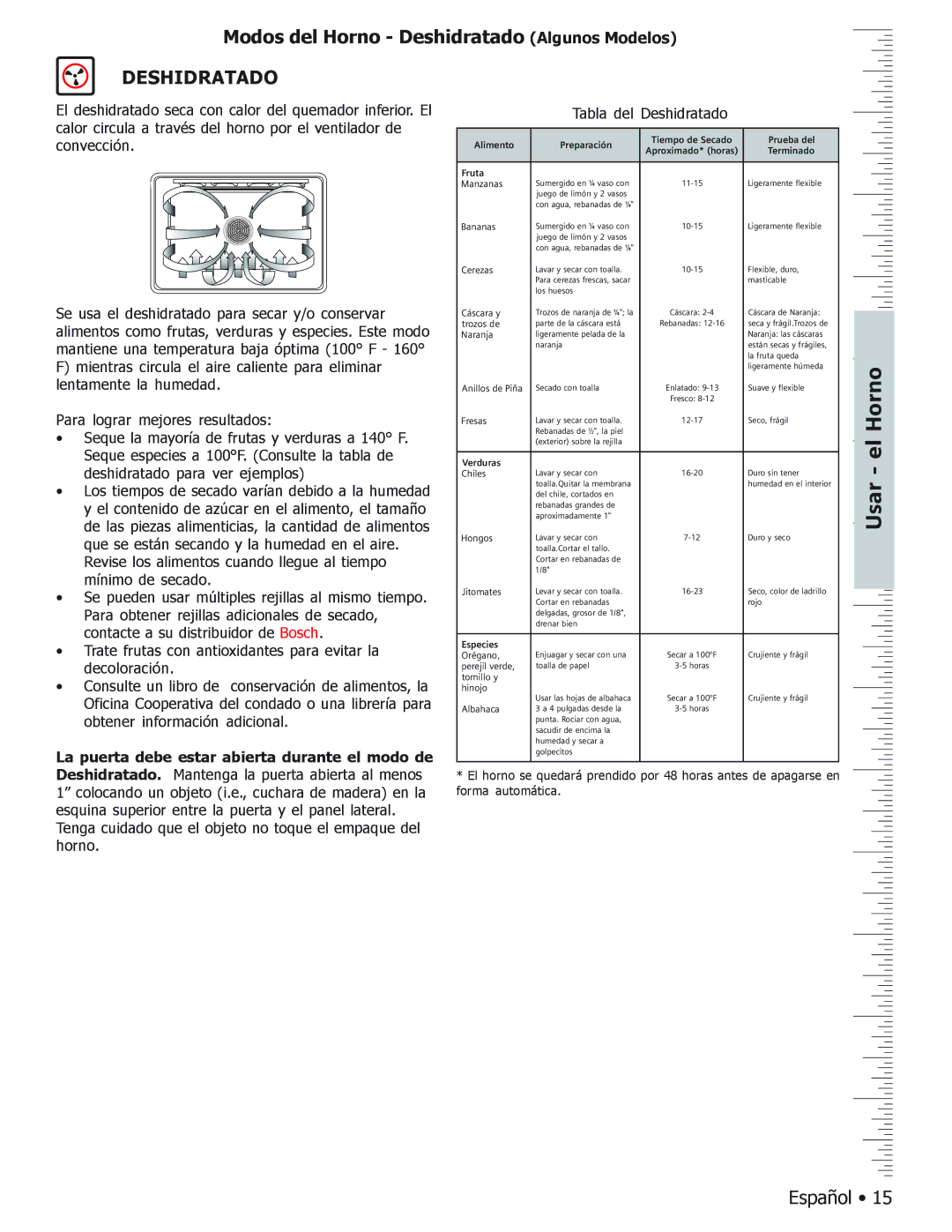 Bosch Appliances BOSCH GAS FREE-STANDING CONVECTION RANGE manual Modos del Horno Deshidratado Algunos Modelos 