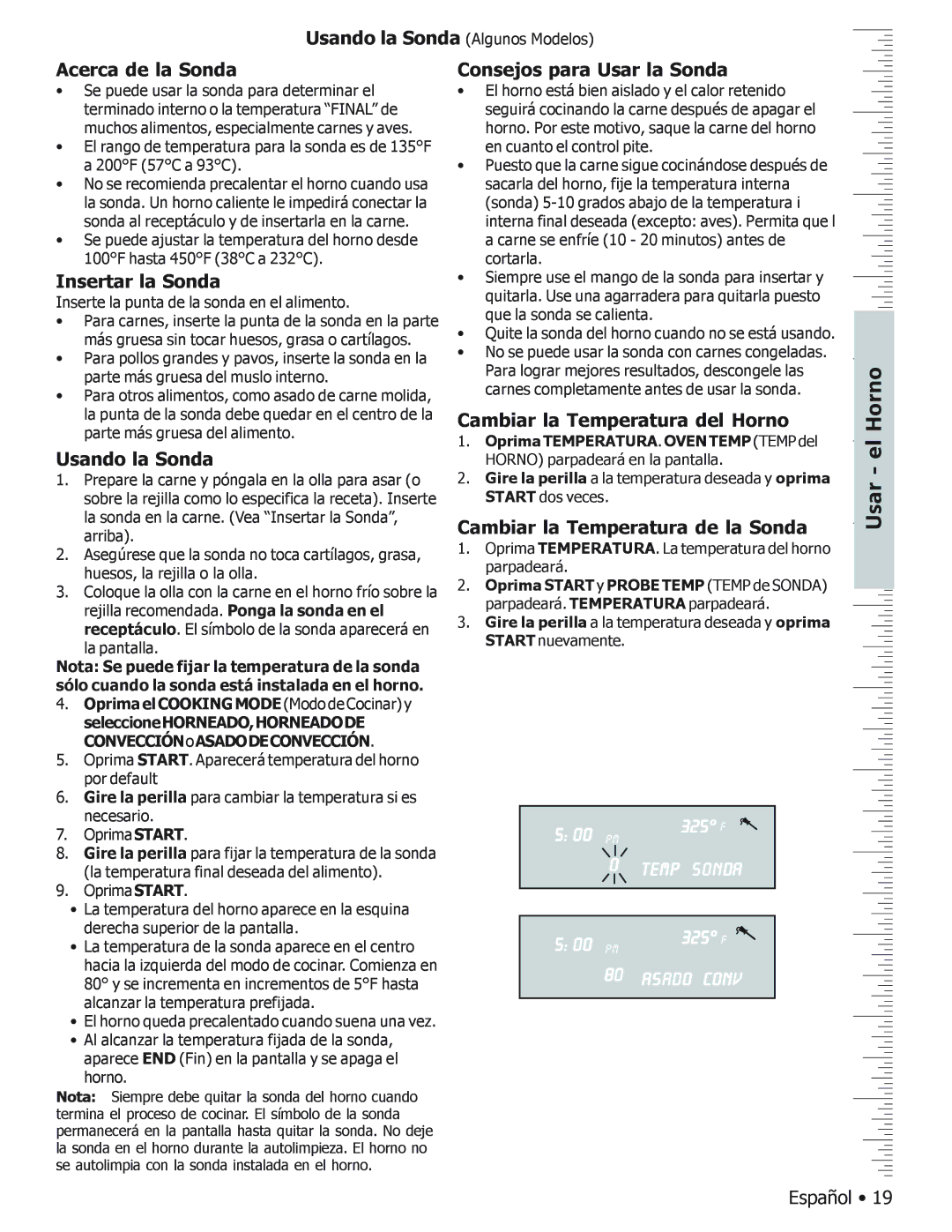 Bosch Appliances BOSCH GAS FREE-STANDING CONVECTION RANGE manual Acerca de la Sonda, Insertar la Sonda, Usando la Sonda 