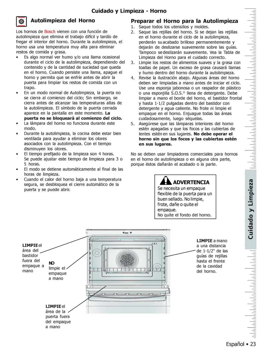 Bosch Appliances BOSCH GAS FREE-STANDING CONVECTION RANGE manual Cuidado y Limpieza Horno Autolimpieza del Horno, Limpie el 