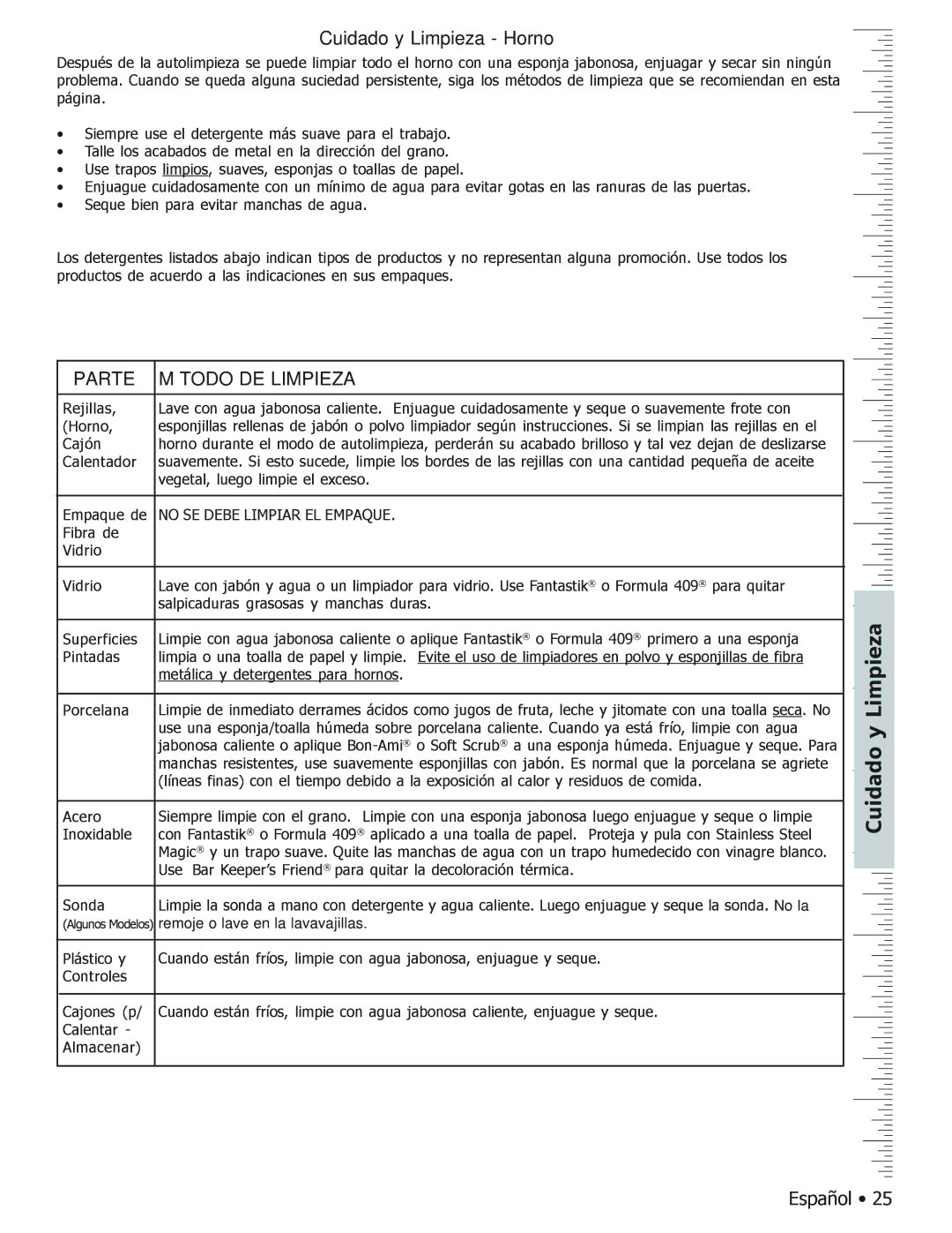 Bosch Appliances BOSCH GAS FREE-STANDING CONVECTION RANGE manual Cuidado y Limpieza Horno, Parte Método DE Limpieza 