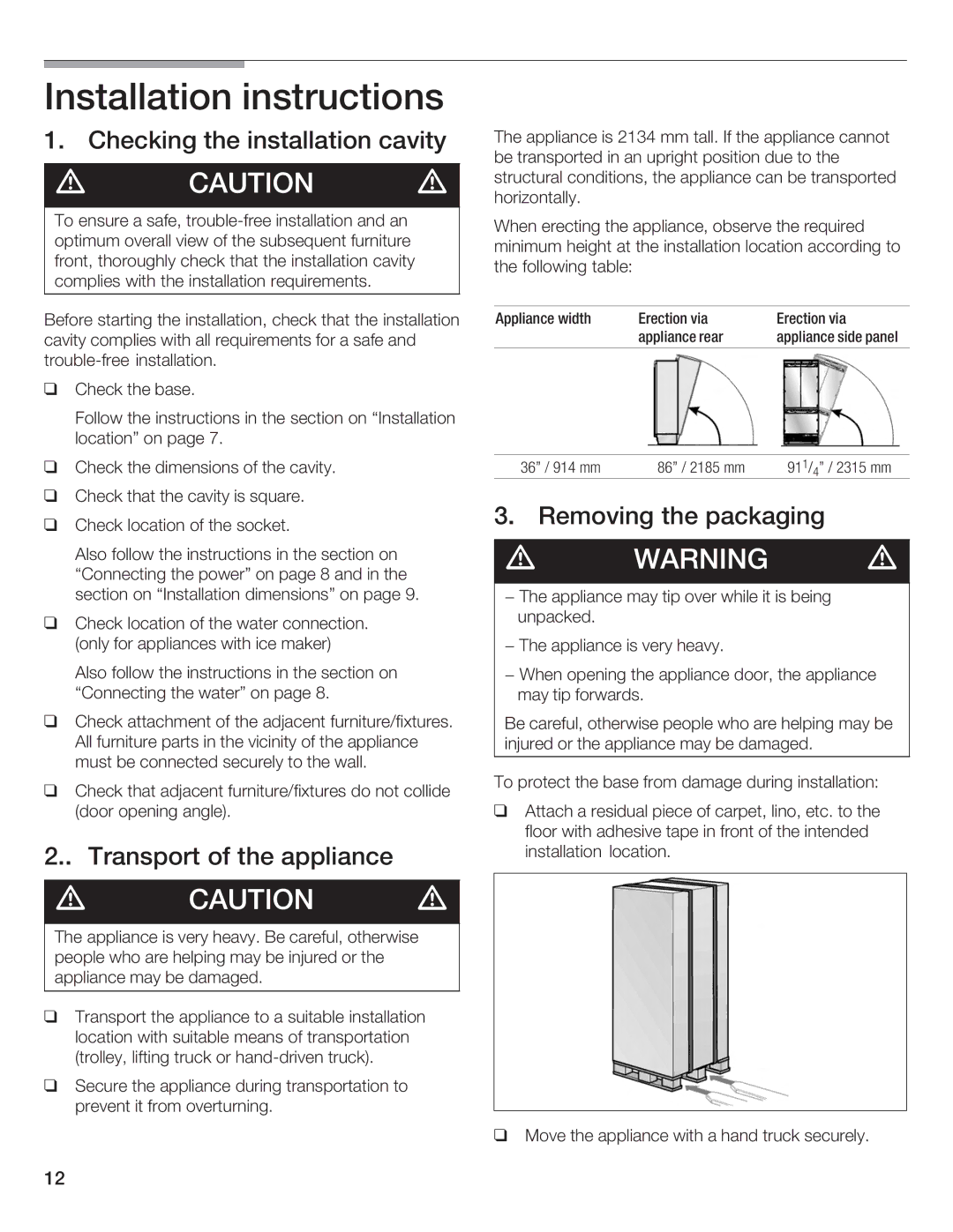 Bosch Appliances Bottom Freezer I manual Appliance width Erection Via 