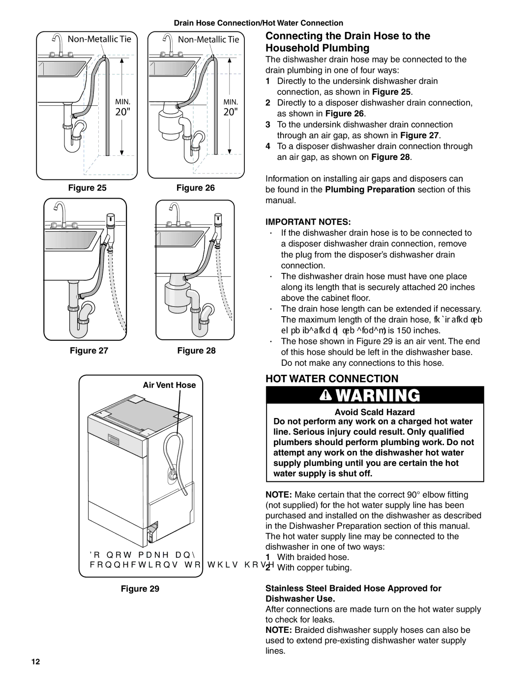 Bosch Appliances BSH Dishwasher Connecting the Drain Hose to the Household Plumbing, HOT Water Connection, Important Notes 