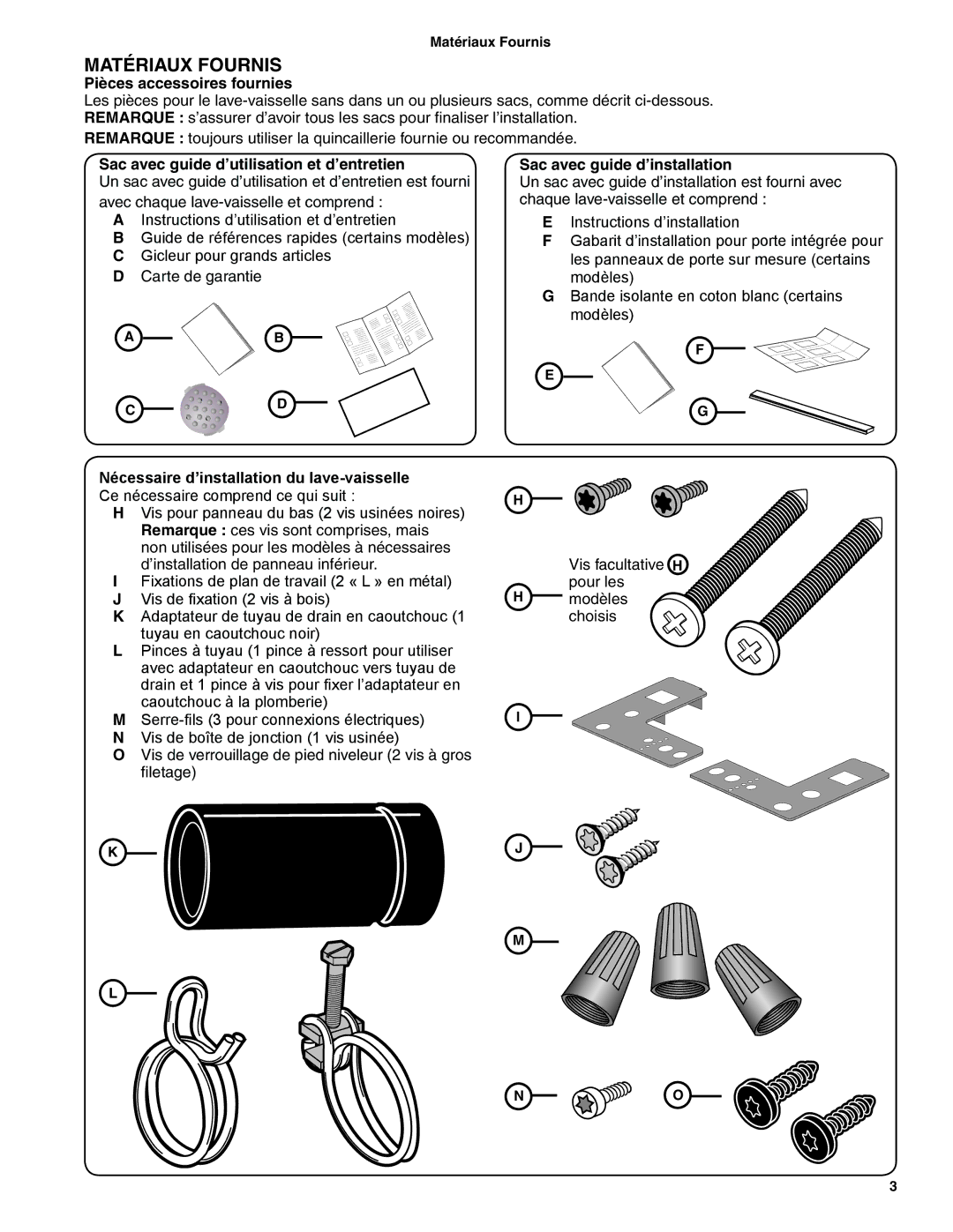 Bosch Appliances BSH Dishwasher Matériaux Fournis, Pièces accessoires fournies, Sac avec guide d’installation 