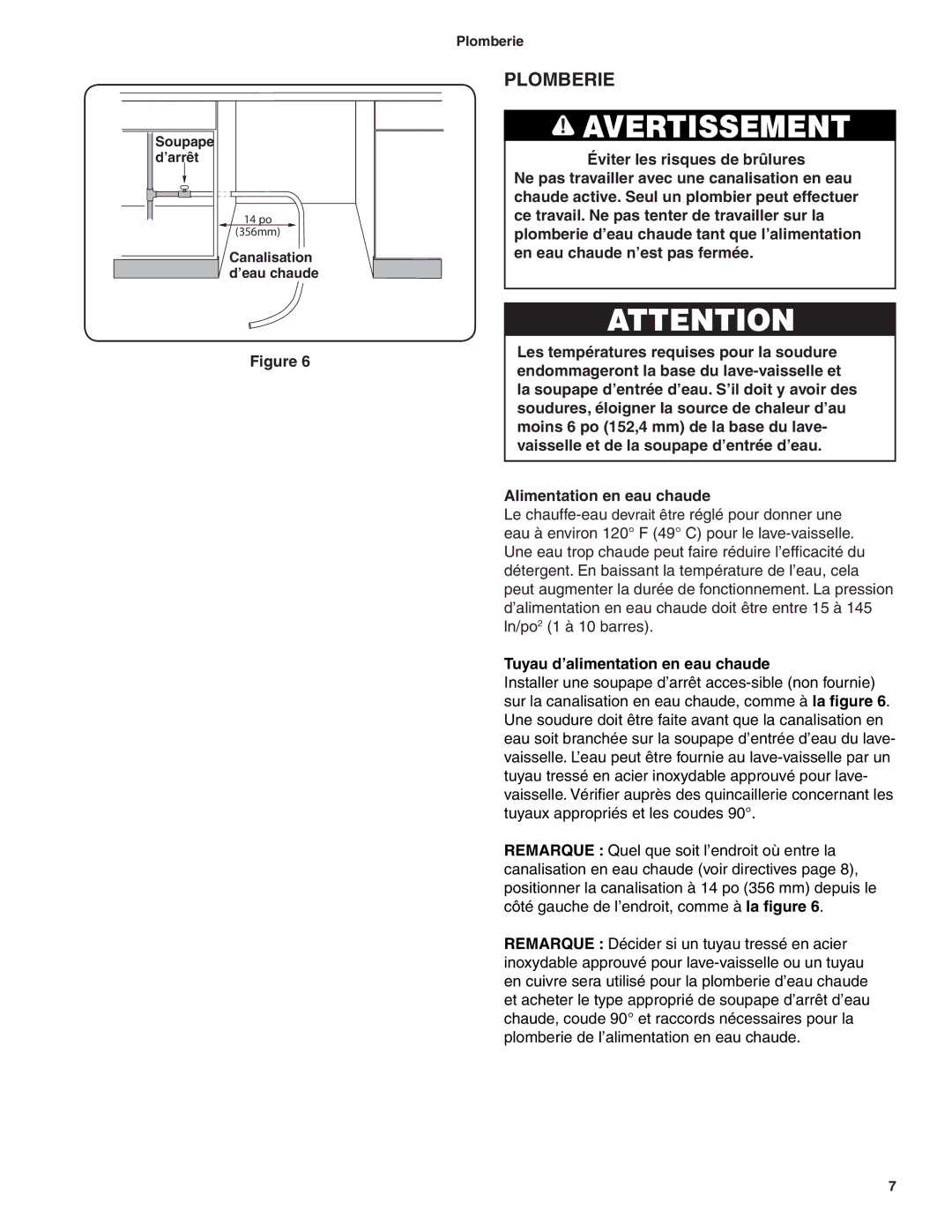 Bosch Appliances BSH Dishwasher important safety instructions Plomberie, Tuyau d’alimentation en eau chaude 