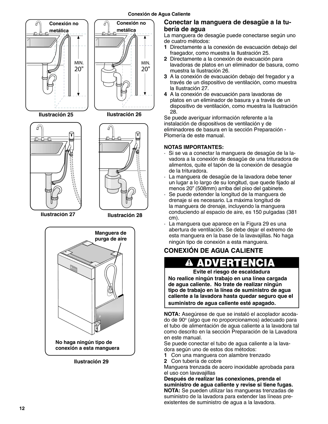 Bosch Appliances BSH Dishwasher Conectar la manguera de desagüe a la tu- bería de agua, Conexión DE Agua Caliente 