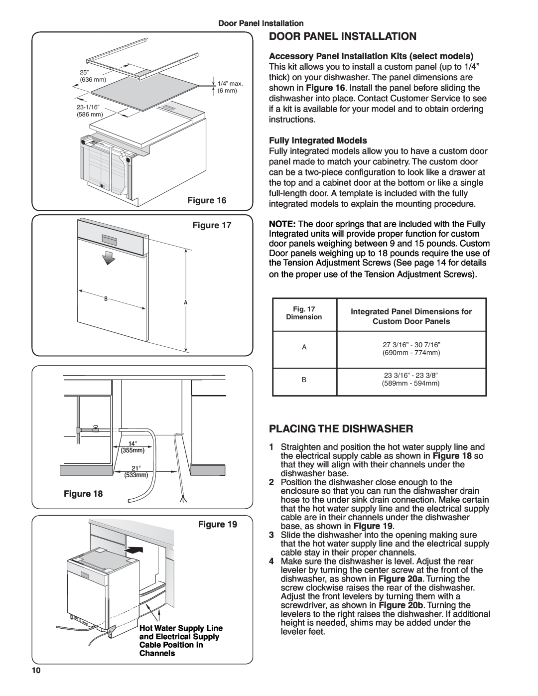Bosch Appliances BSH Dishwasher Door Panel Installation, Placing The Dishwasher, Figure Figure, Fully Integrated Models 