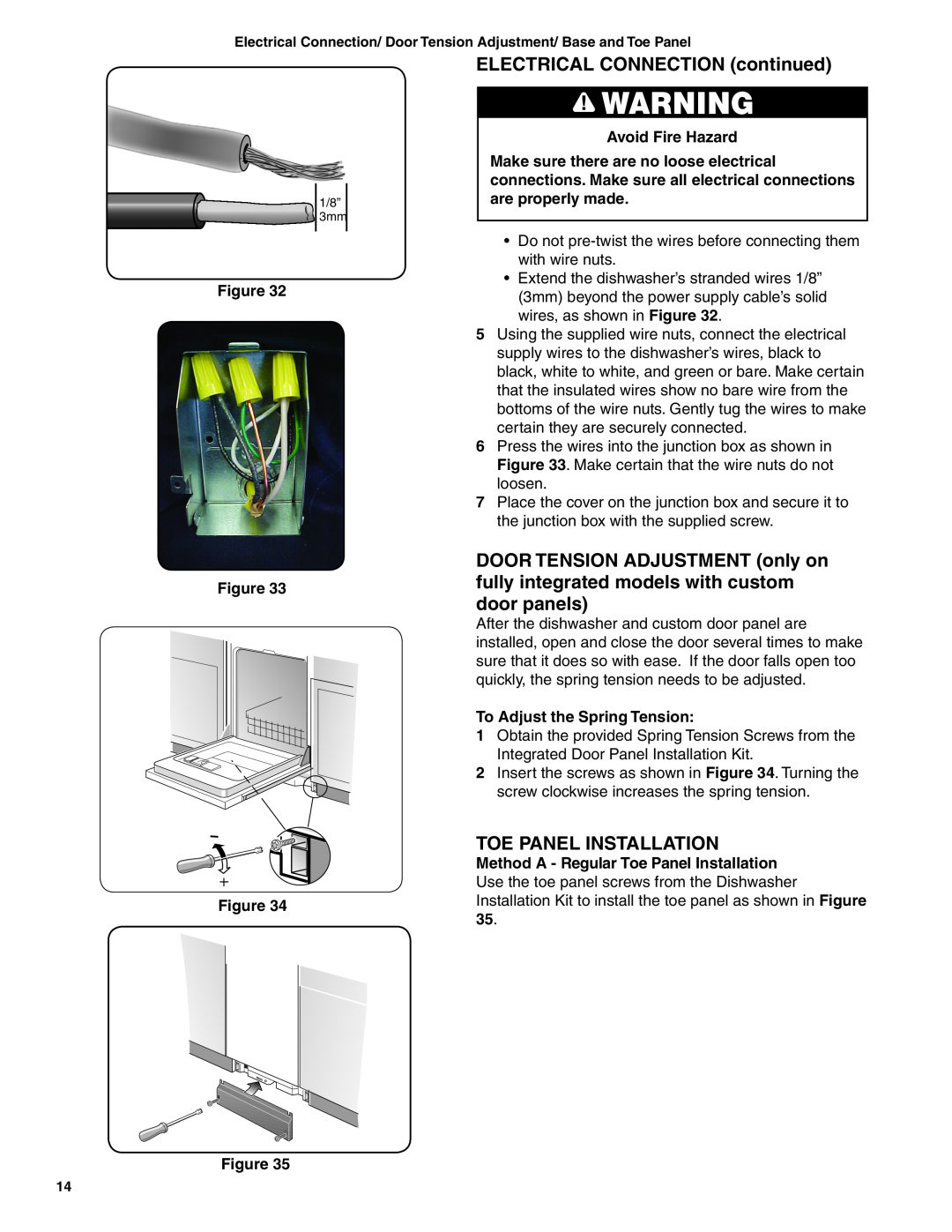 Bosch Appliances BSH Dishwasher ELECTRICAL CONNECTION continued, Toe Panel Installation, Avoid Fire Hazard 