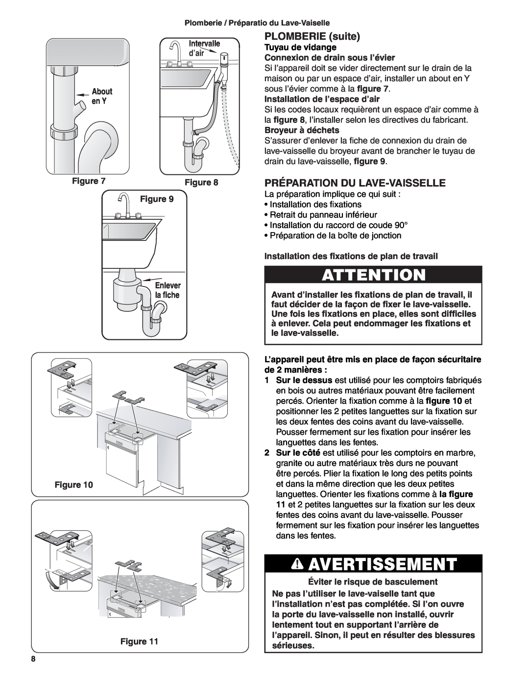 Bosch Appliances BSH Dishwasher important safety instructions PLOMBERIE suite, Préparation Du Lave-Vaisselle, Avertissement 