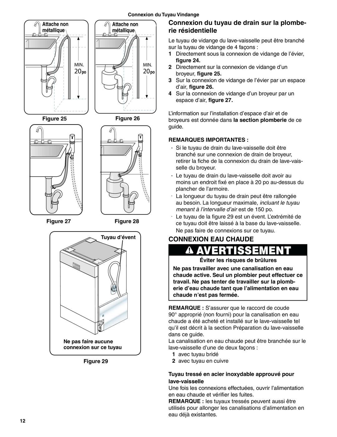 Bosch Appliances BSH Dishwasher important safety instructions 20po, Connexion Eau Chaude, Non-MetallicTie, Avertissement 