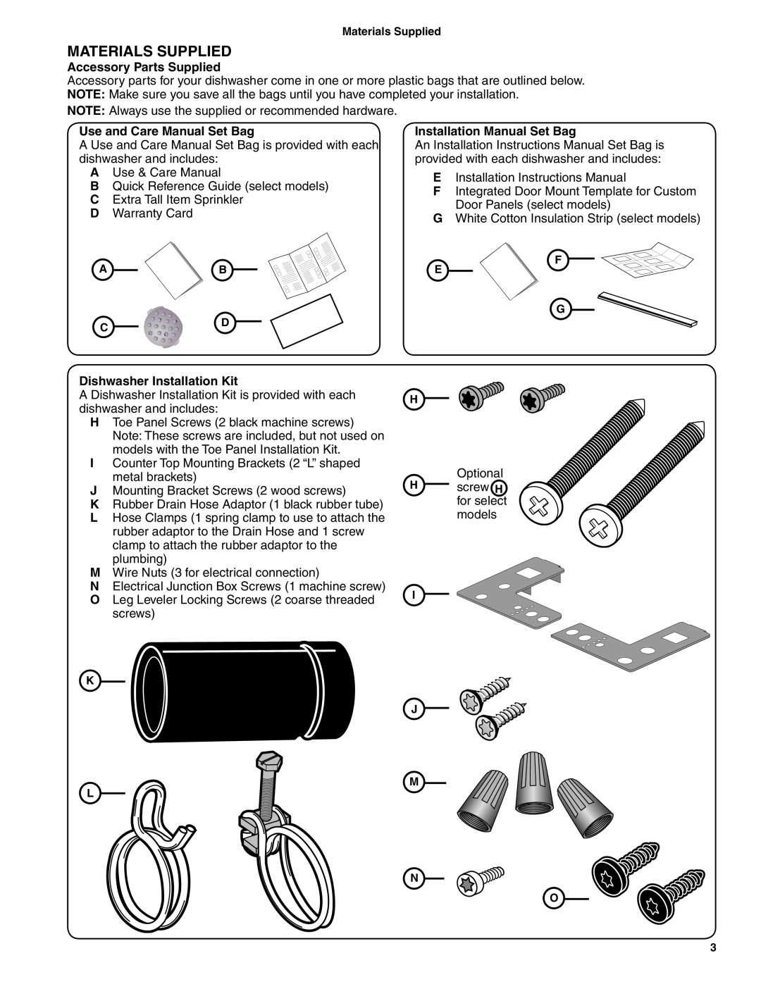 Bosch Appliances BSH Dishwasher Materials Supplied, Accessory Parts Supplied, Use and Care Manual Set Bag 