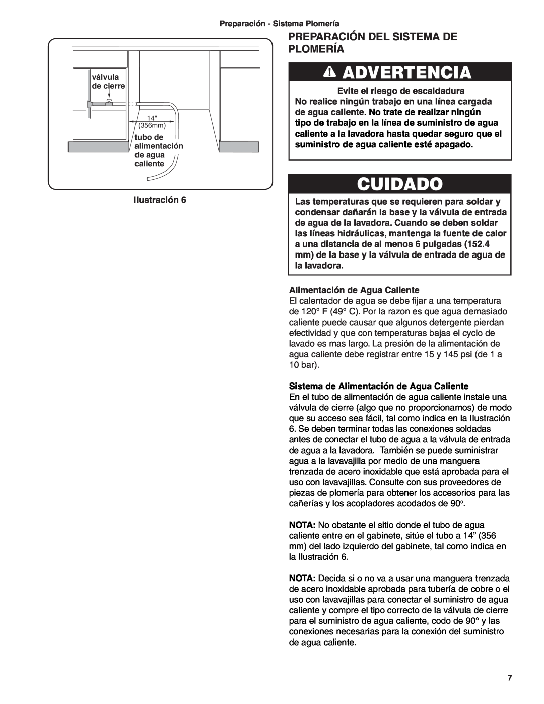 Bosch Appliances BSH Dishwasher important safety instructions Preparación Del Sistema De Plomería, Advertencia, Ilustración 